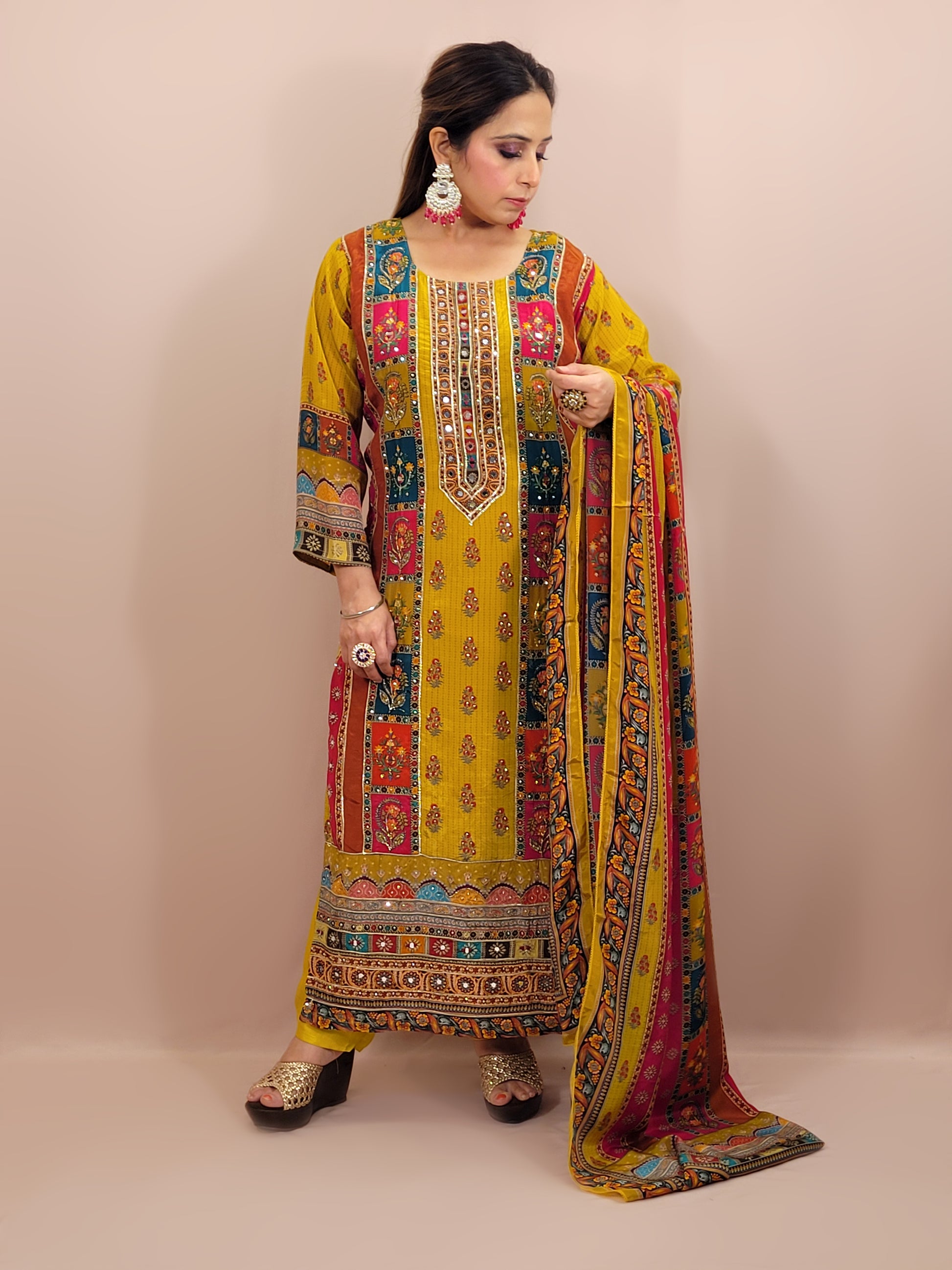 Mustard Yellow Pakistani Lahori Straight Suit with Pants . Highlighted with mirror and&nbsp; badla zari.