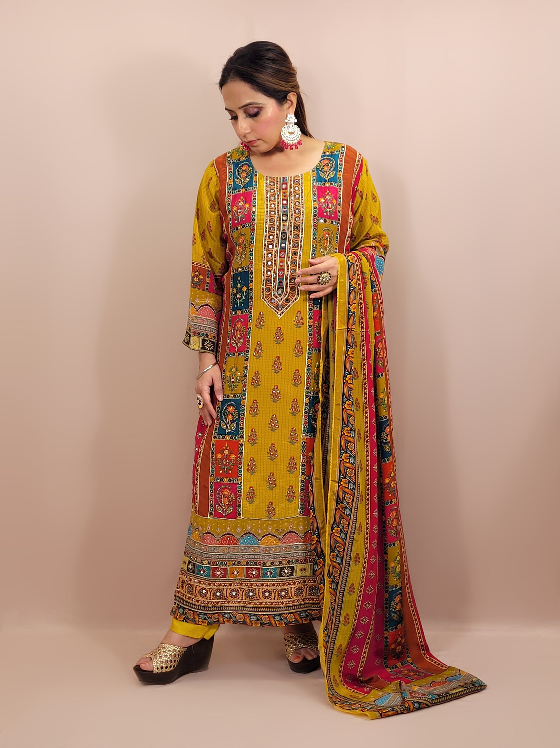 Mustard Yellow Pakistani Lahori Straight Suit with Pants . Highlighted with mirror and&nbsp; badla zari.