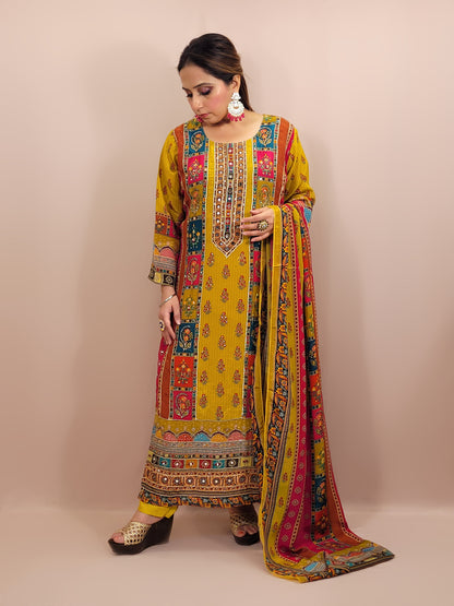 Mustard Yellow Pakistani Lahori Straight Suit with Pants . Highlighted with mirror and&nbsp; badla zari.