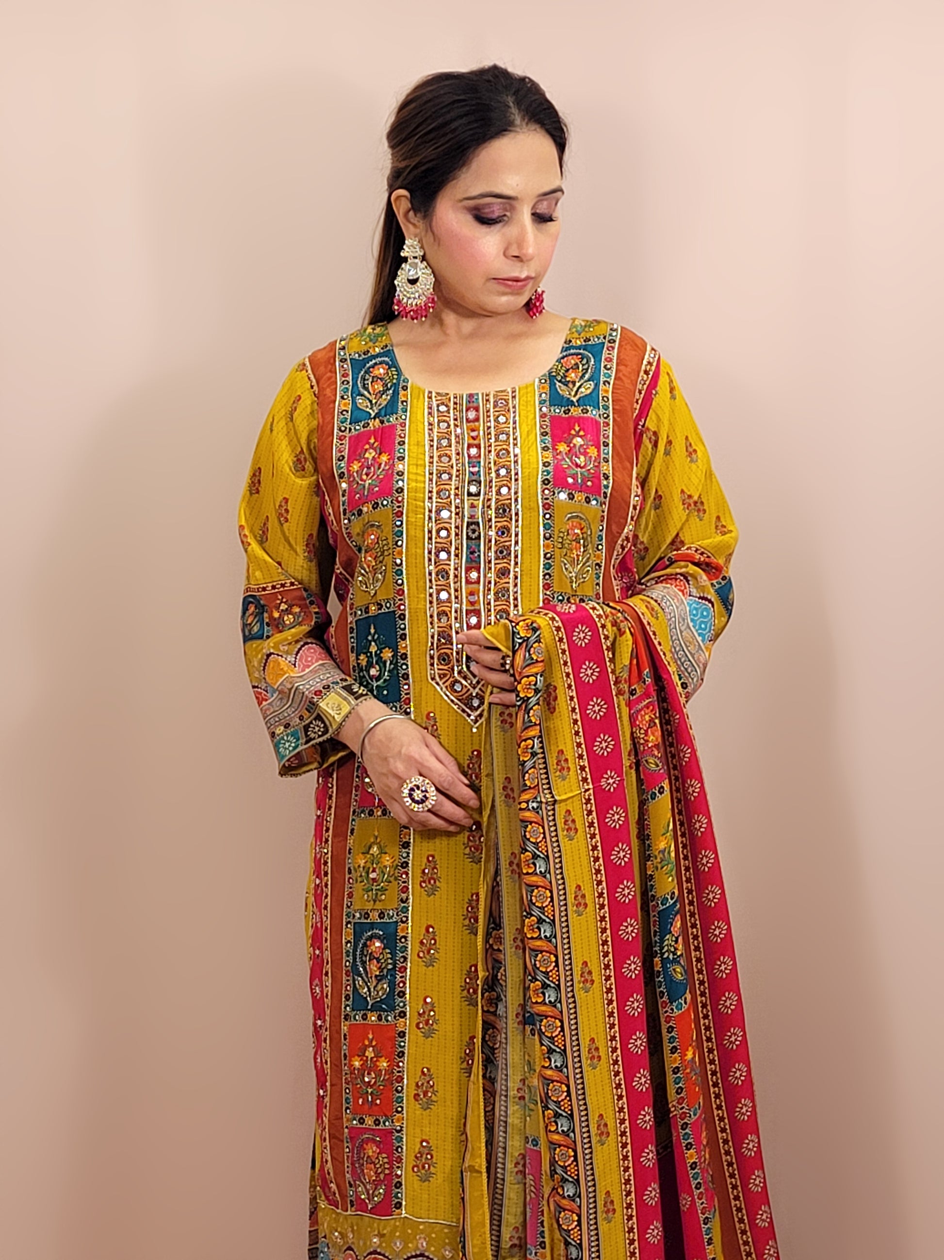 Mustard Yellow Pakistani Lahori Straight Suit with Pants . Highlighted with mirror and&nbsp; badla zari.
