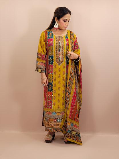 Mustard Yellow Pakistani Lahori Straight Suit with Pants . Highlighted with mirror and&nbsp; badla zari.