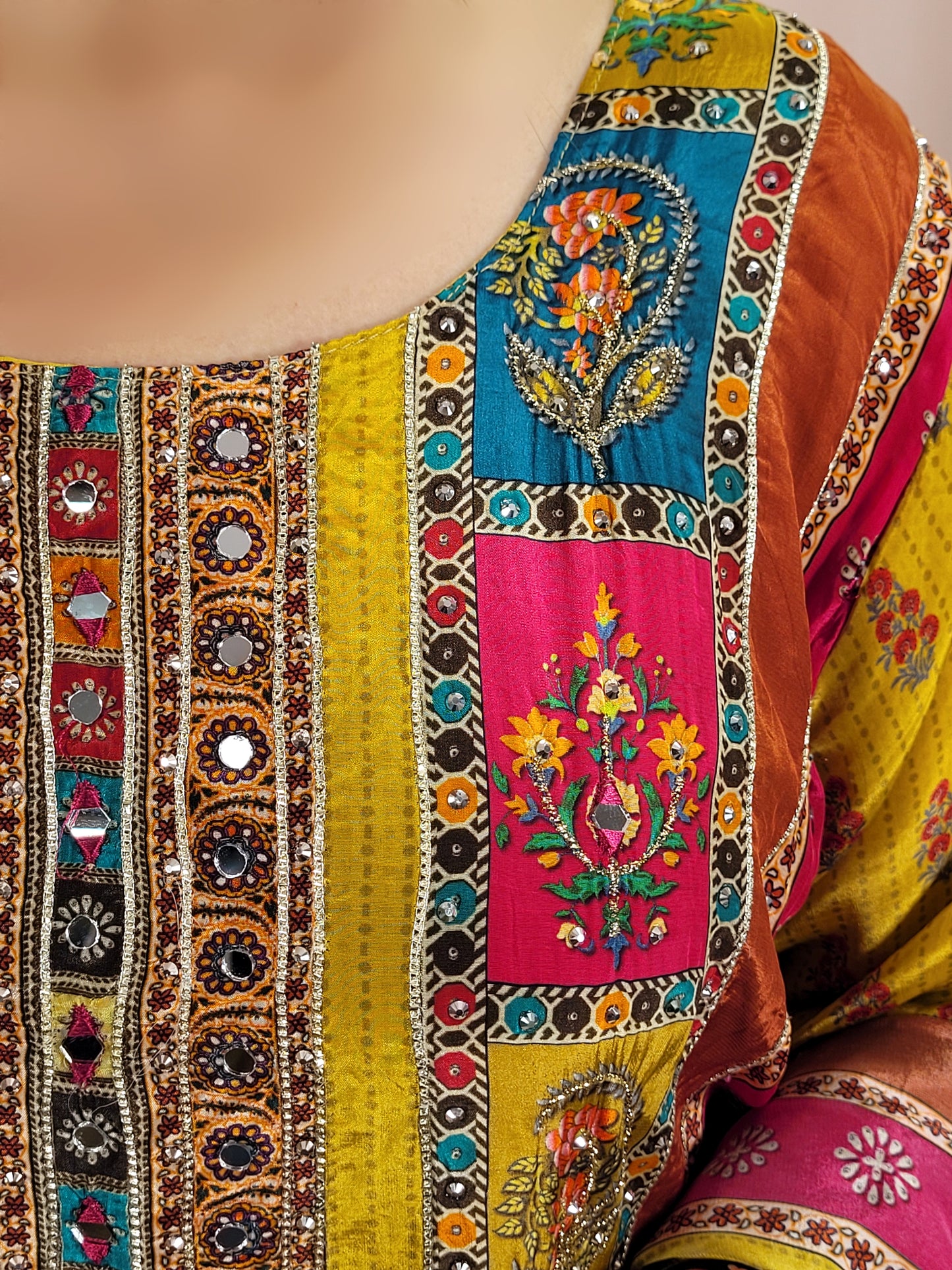 Mustard Yellow Pakistani Lahori Straight Suit with Pants . Highlighted with mirror and&nbsp; badla zari.