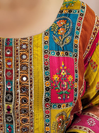 Mustard Yellow Pakistani Lahori Straight Suit with Pants . Highlighted with mirror and&nbsp; badla zari.