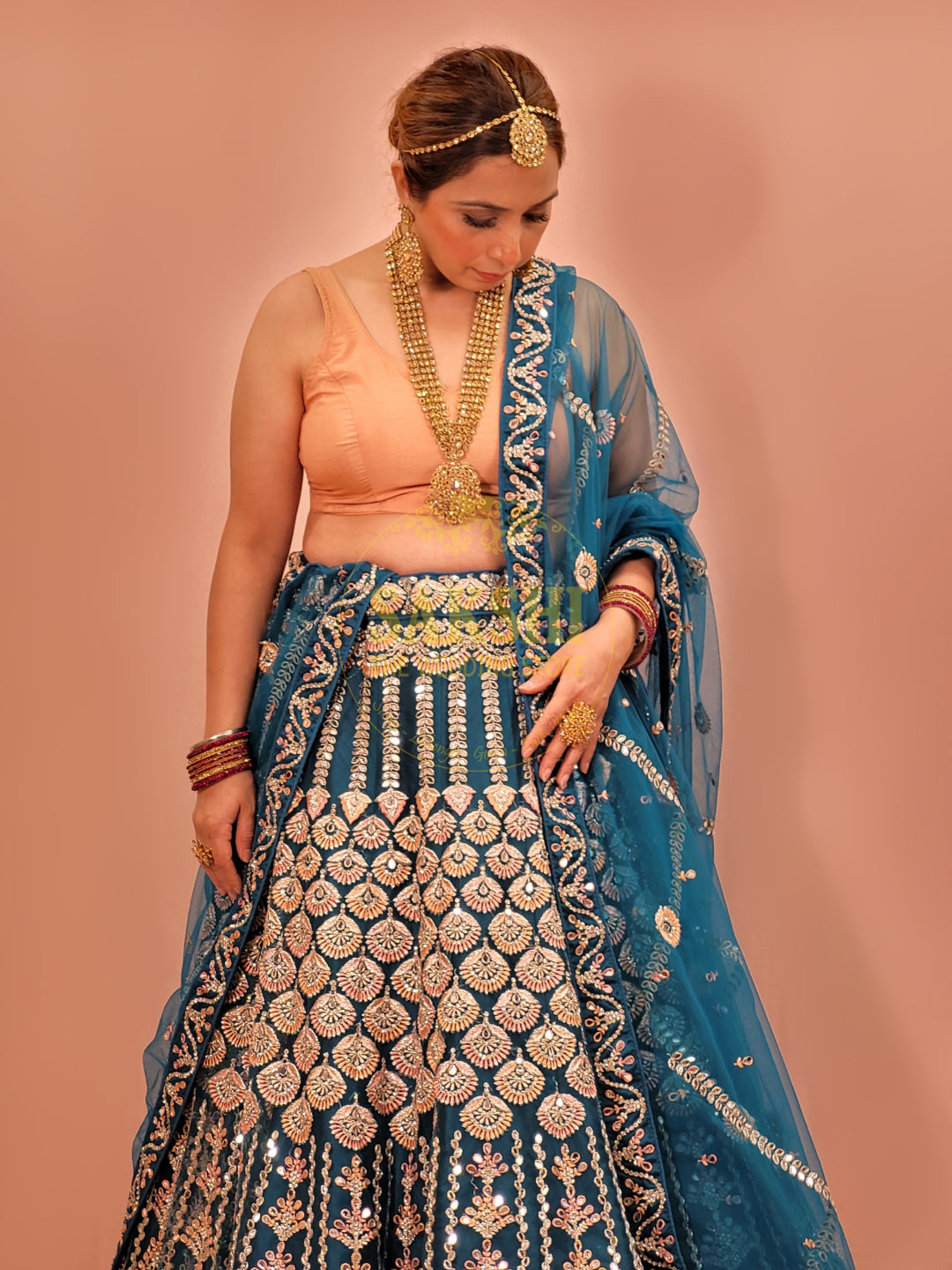 Rama Green Multi Color Mirror Work Lehenga