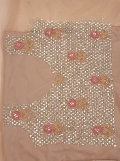 Elevate your ethnic wardrobe with this stunning ivory-colored net unstitched lehenga, a perfect blend of traditional craftsmanship and contemporary elegance. This lehenga is intricately adorned with shimmering water sequins and delicate glass beads work, creating a mesmerizing effect that catches the light with every movement.