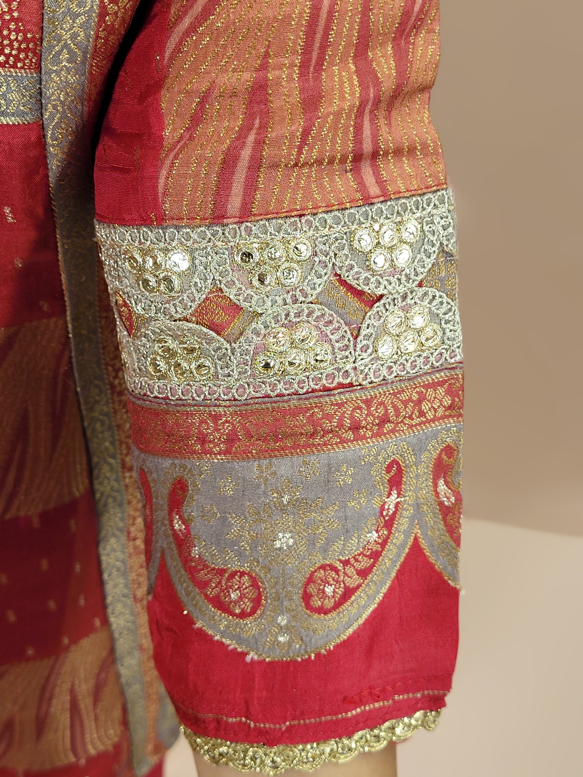 Red muticolor weave Banarasi Co-ord Set. Designer long top with palazzo pants.