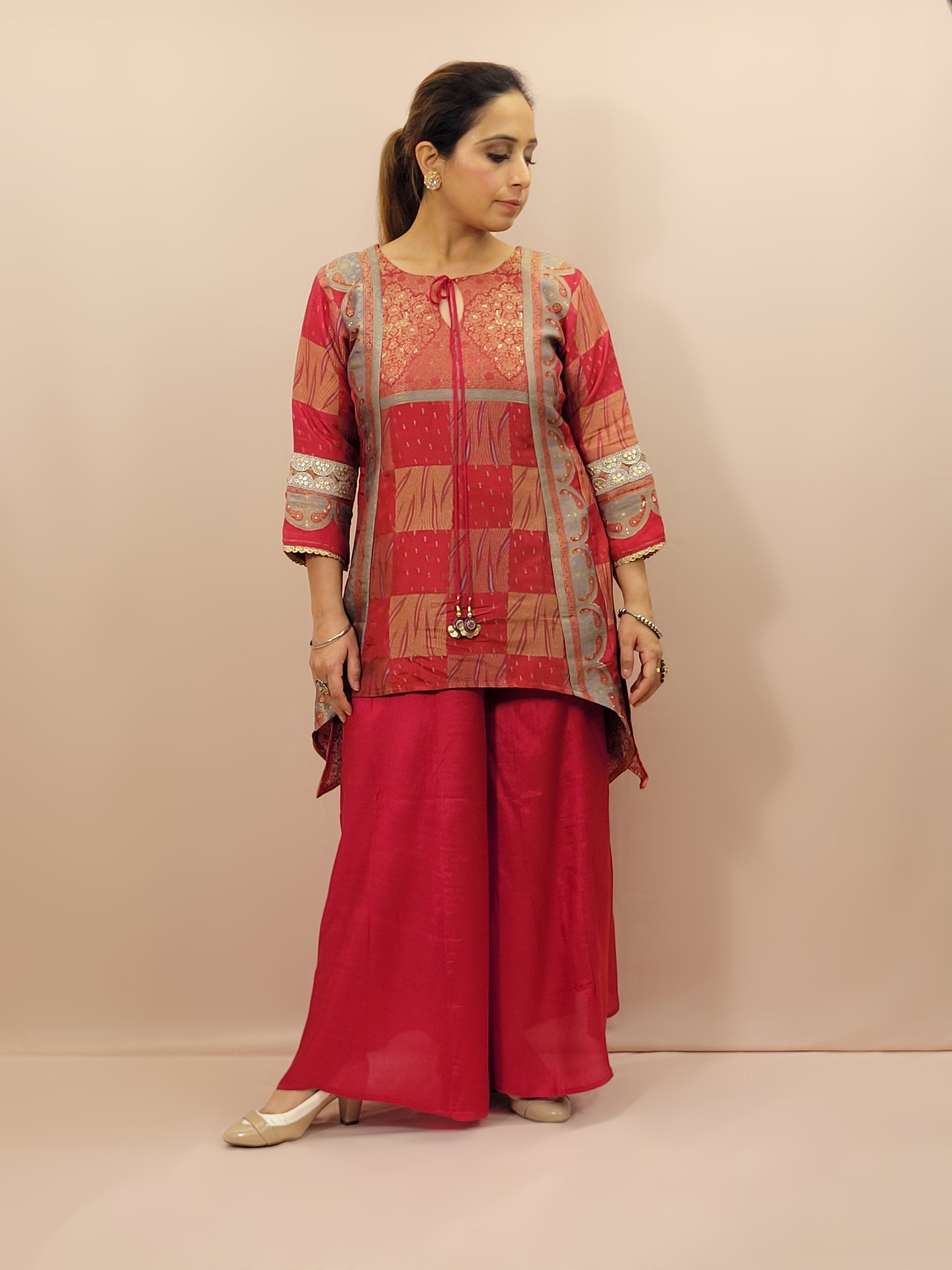 Red muticolor weave Banarasi Co-ord Set. Designer long top with palazzo pants.