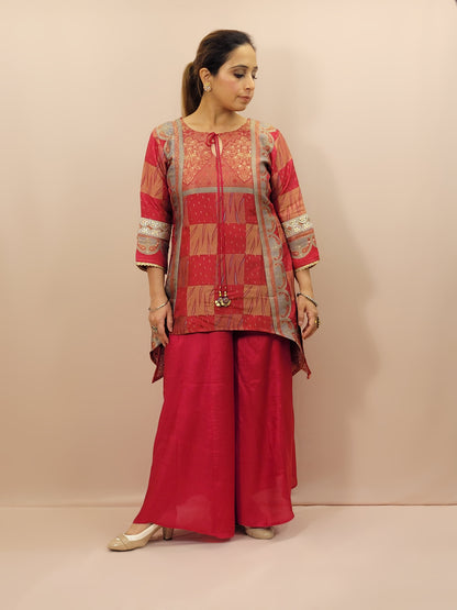 Red muticolor weave Banarasi Co-ord Set. Designer long top with palazzo pants.