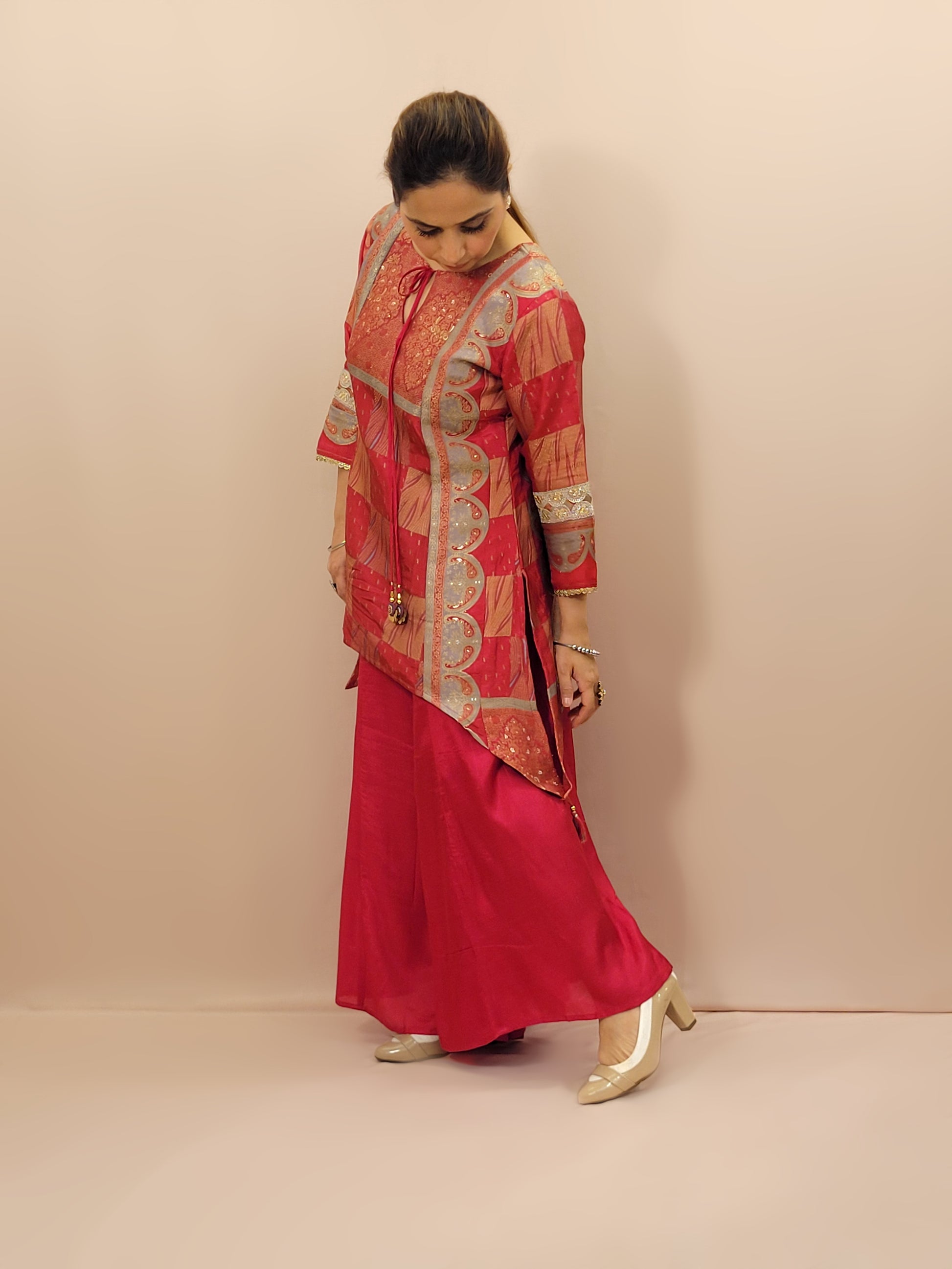 Red muticolor weave Banarasi Co-ord Set. Designer long top with palazzo pants.