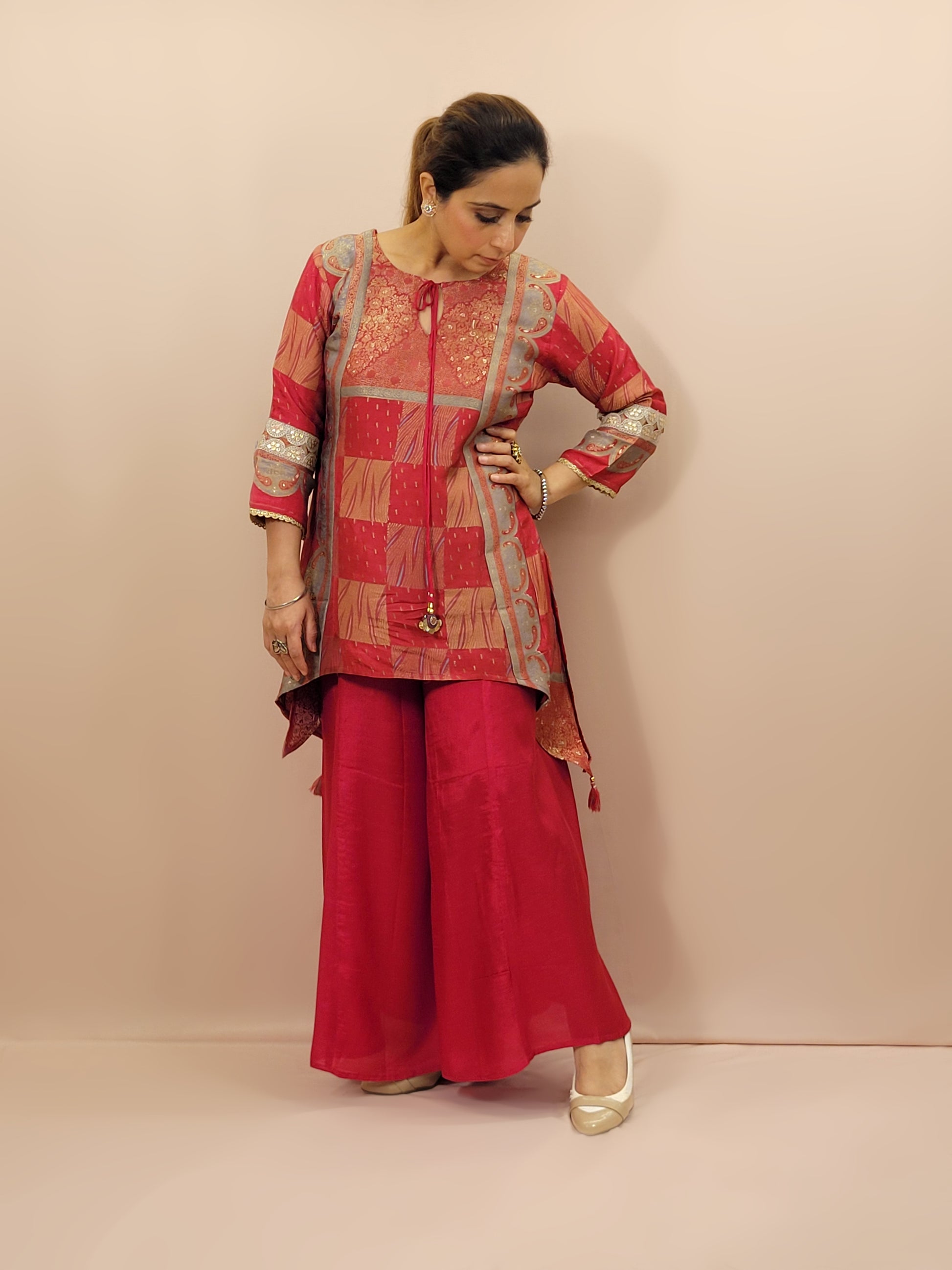 Red muticolor weave Banarasi Co-ord Set. Designer long top with palazzo pants.