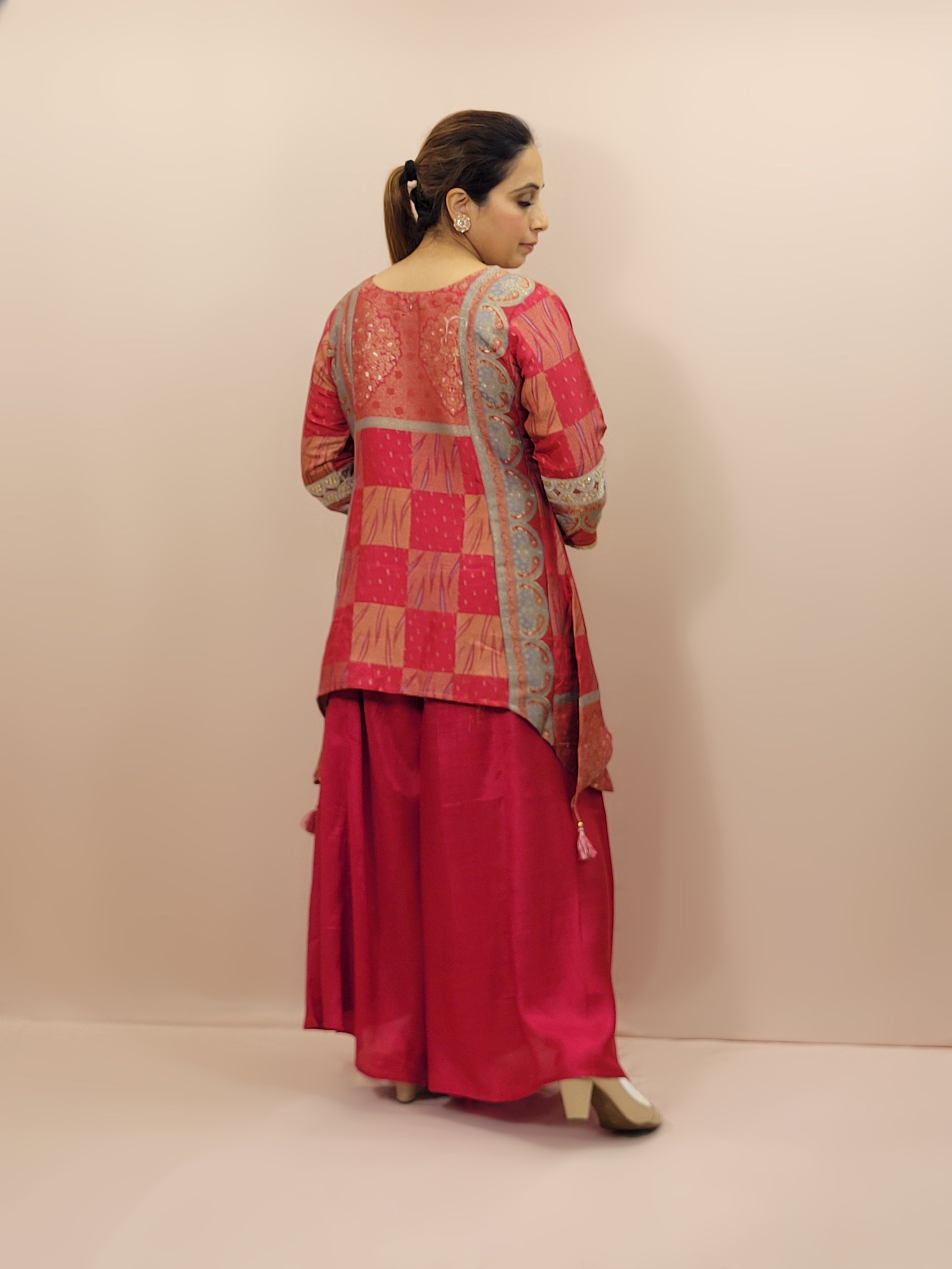 Red muticolor weave Banarasi Co-ord Set. Designer long top with palazzo pants.