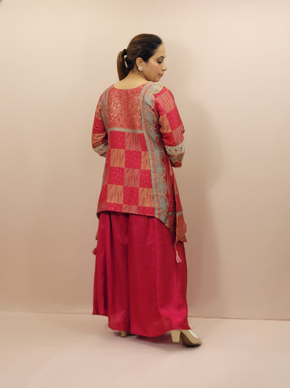 Red muticolor weave Banarasi Co-ord Set. Designer long top with palazzo pants.