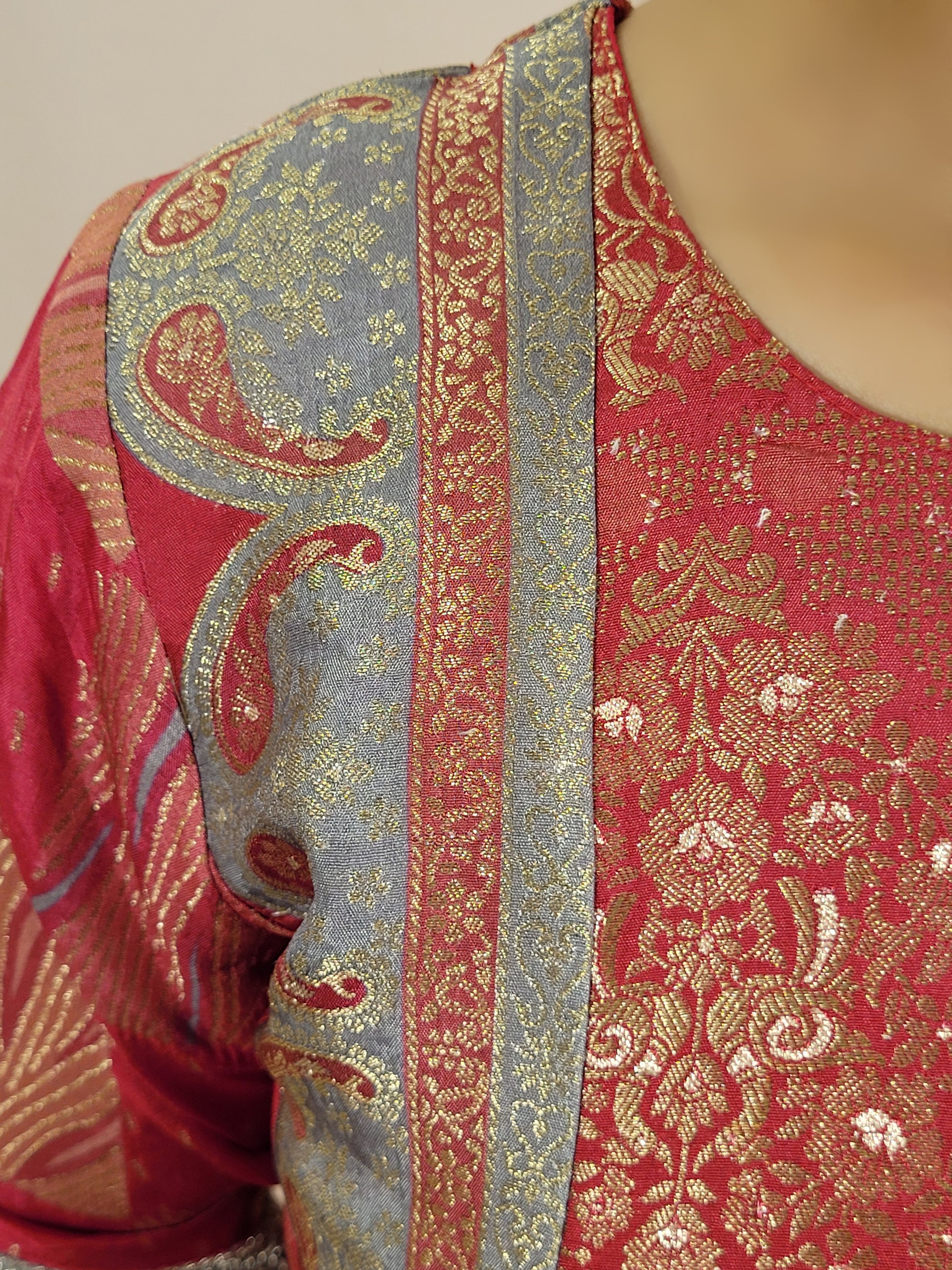 Red muticolor weave Banarasi Co-ord Set. Designer long top with palazzo pants.