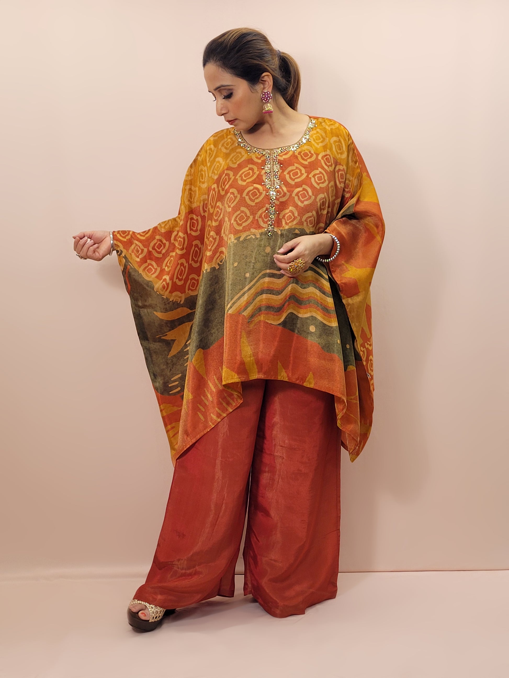 Rust Orange Multicolor Kaftan Co-Ord Set. Beads and Sequins Work on neckline. Matching Plazo.