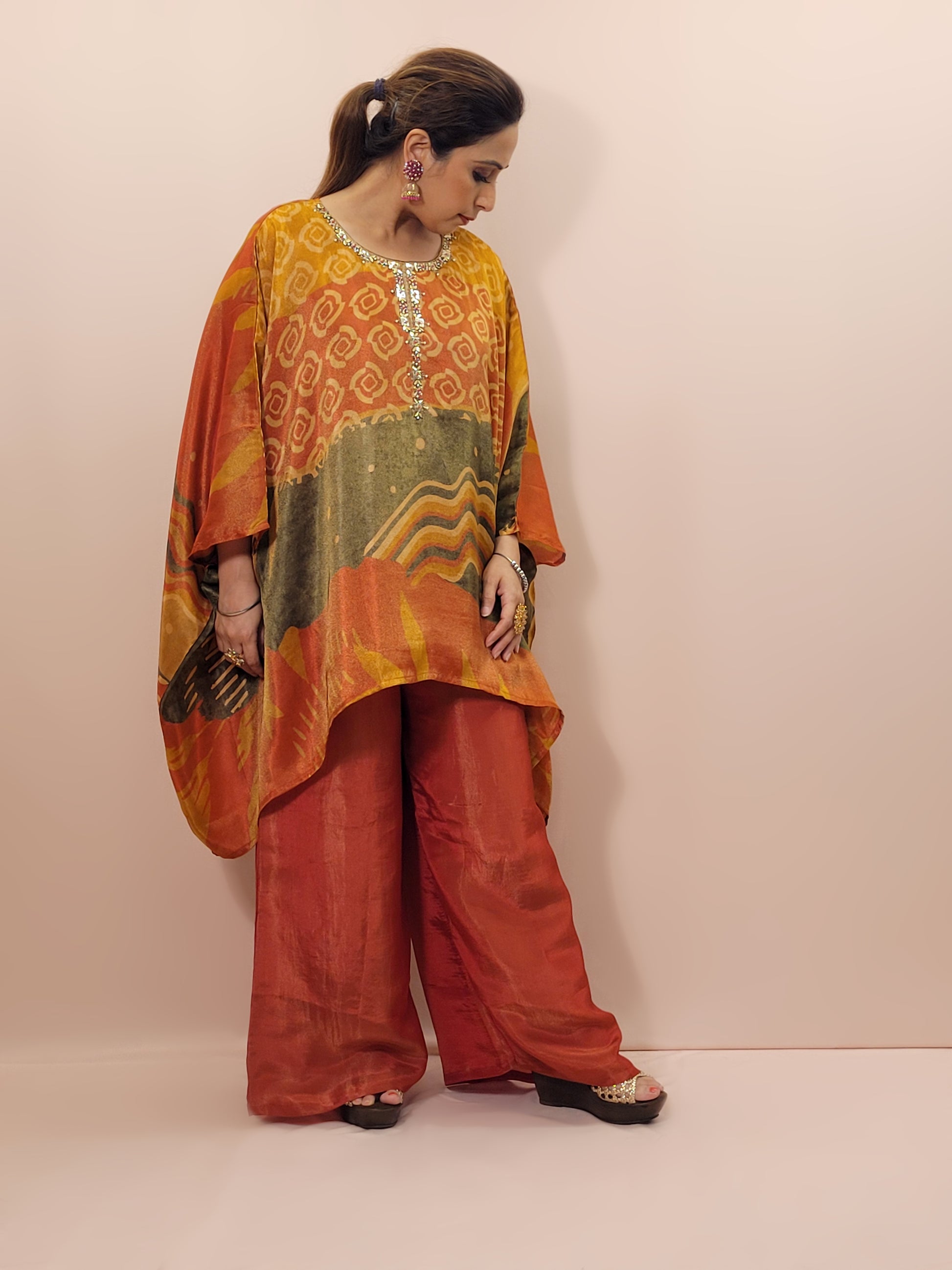 Rust Orange Multicolor Kaftan Co-Ord Set. Beads and Sequins Work on neckline. Matching Plazo.