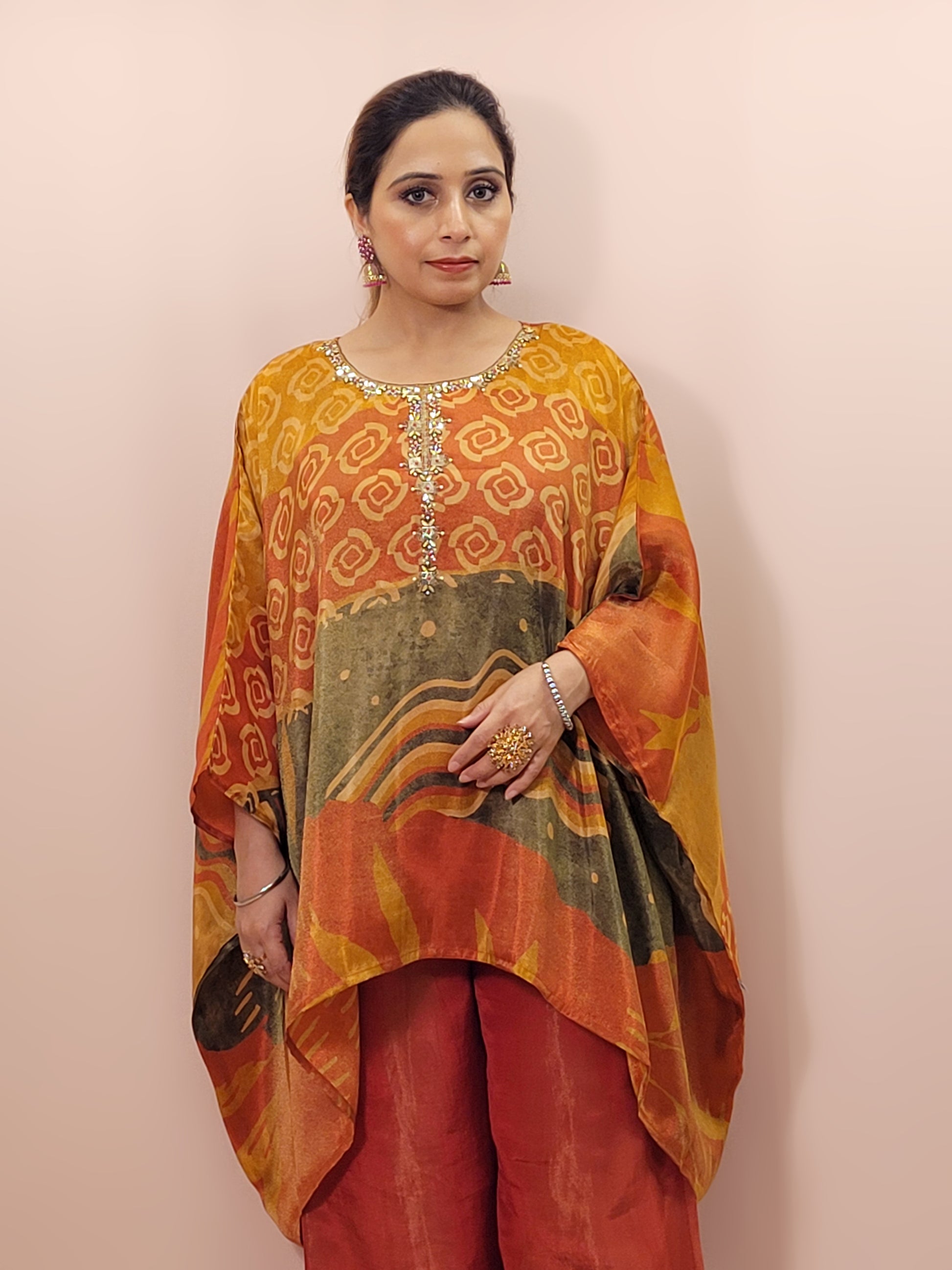 Rust Orange Multicolor Kaftan Co-Ord Set. Beads and Sequins Work on neckline. Matching Plazo.