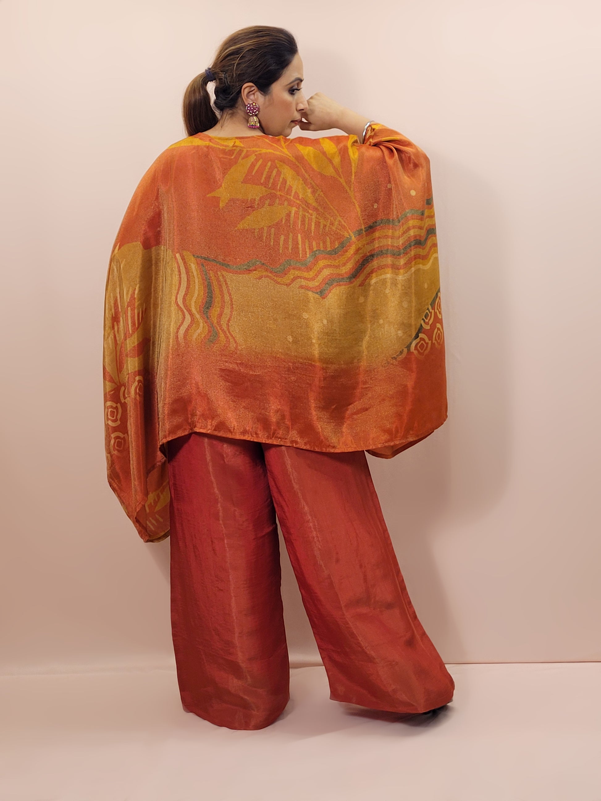 Rust Orange Multicolor Kaftan Co-Ord Set. Beads and Sequins Work on neckline. Matching Plazo.