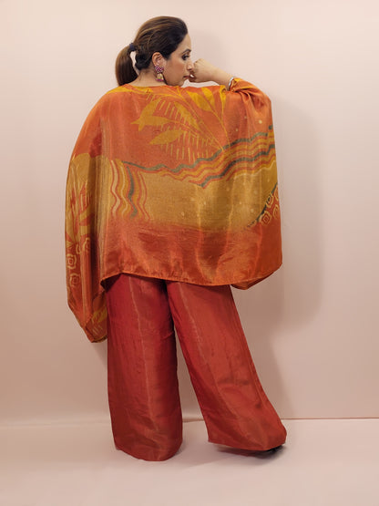 Rust Orange Multicolor Kaftan Co-Ord Set. Beads and Sequins Work on neckline. Matching Plazo.