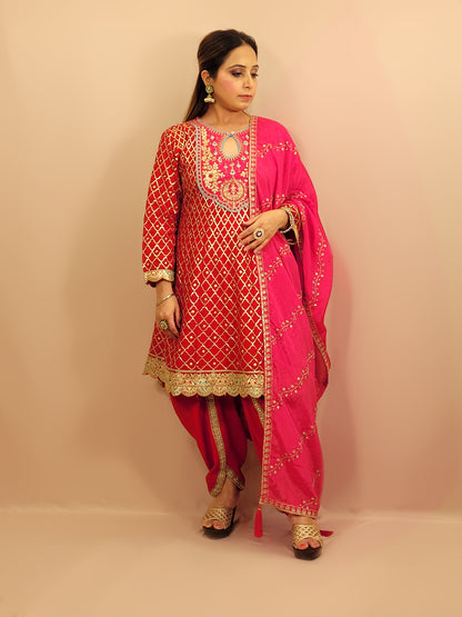 Red Chinnon Anarkali with matching Tulip Pants. Contrast neck yolk with resham, zari and sequins. Contrast Dupatta. Latest trend in Indian ethnic fusion wear.