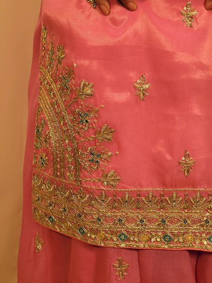 Pink Shimmer Sharara Suit. Heavy Zari Sequins Neckline. Heavy sleeves, bottom and dupatta.