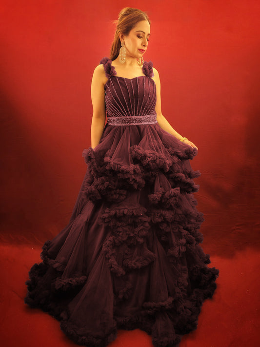 Wine Engagement Ball Gown with Ruffles