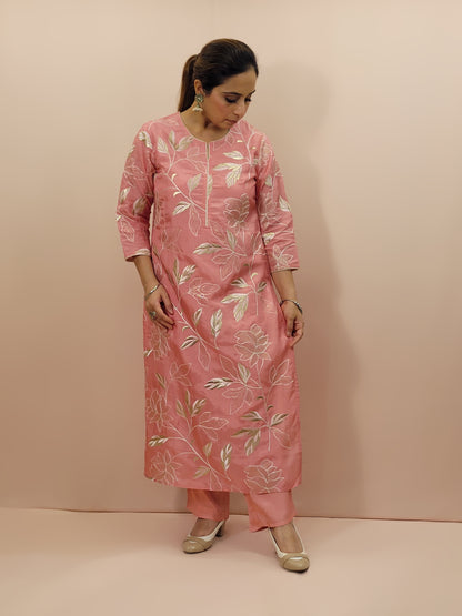 Muslin Pink Straight Suit with Resham and Badla work. Matching Organza Dupatta with embroidered borders.