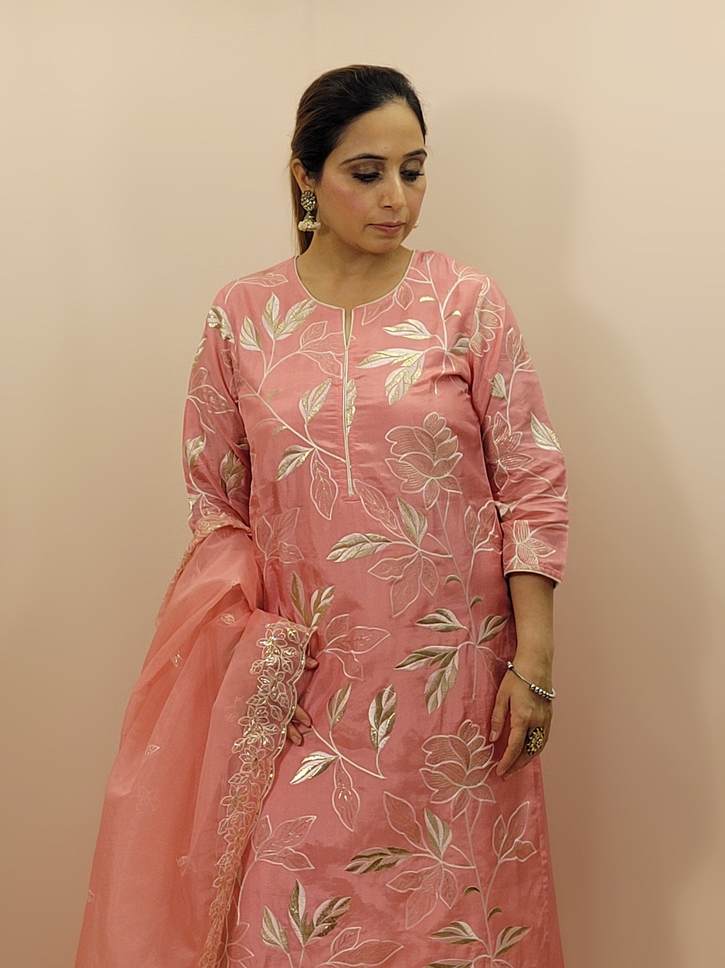 Muslin Pink Straight Suit with Resham and Badla work. Matching Organza Dupatta with embroidered borders.