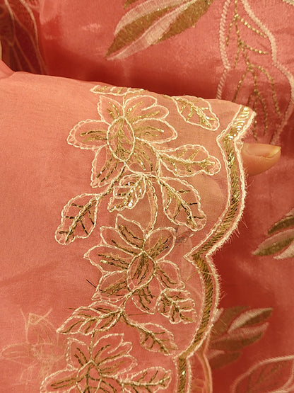 Muslin Pink Straight Suit with Resham and Badla work. Matching Organza Dupatta with embroidered borders.