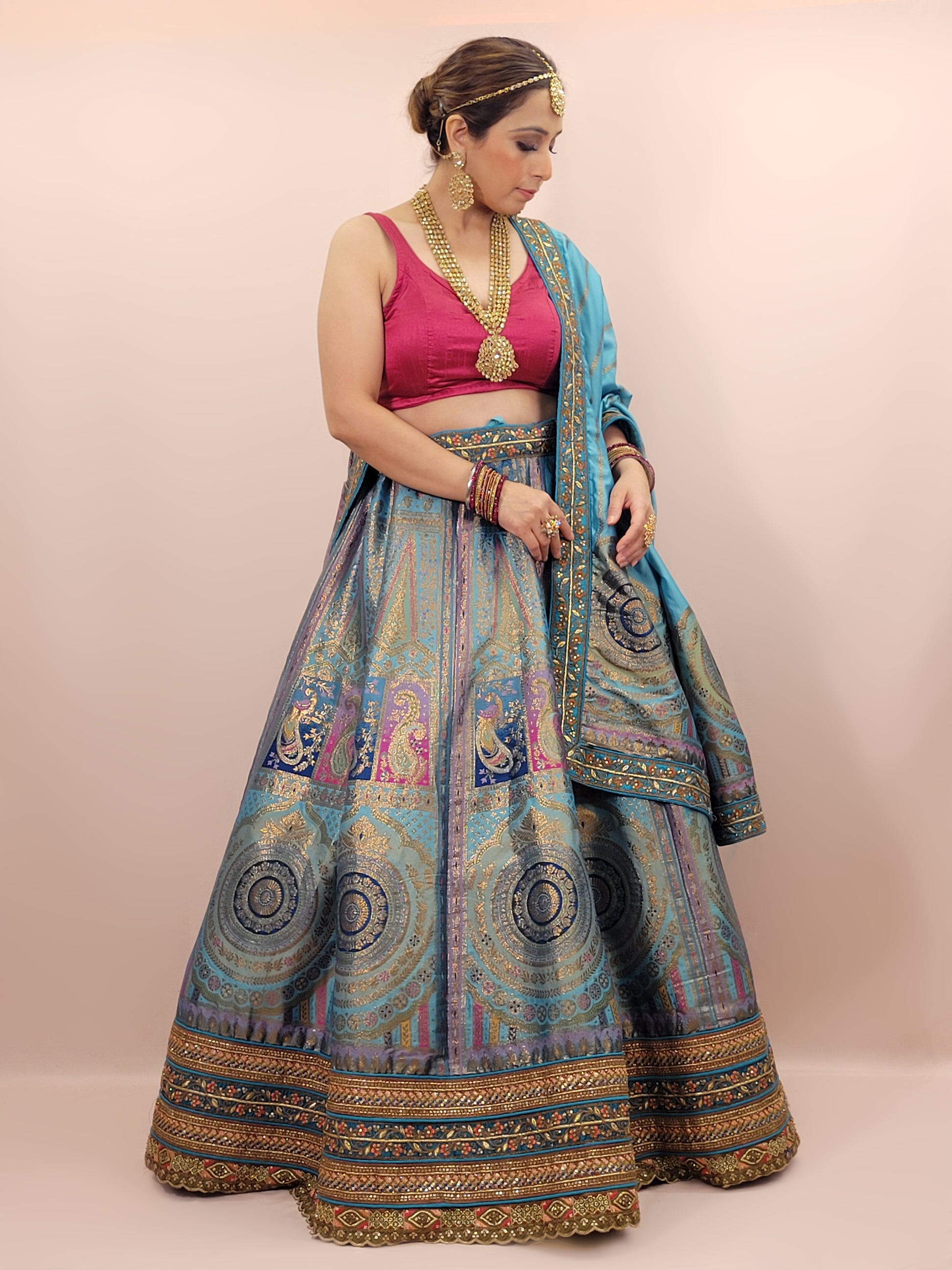 Blue Banarasi Unstitched Lehenga Set