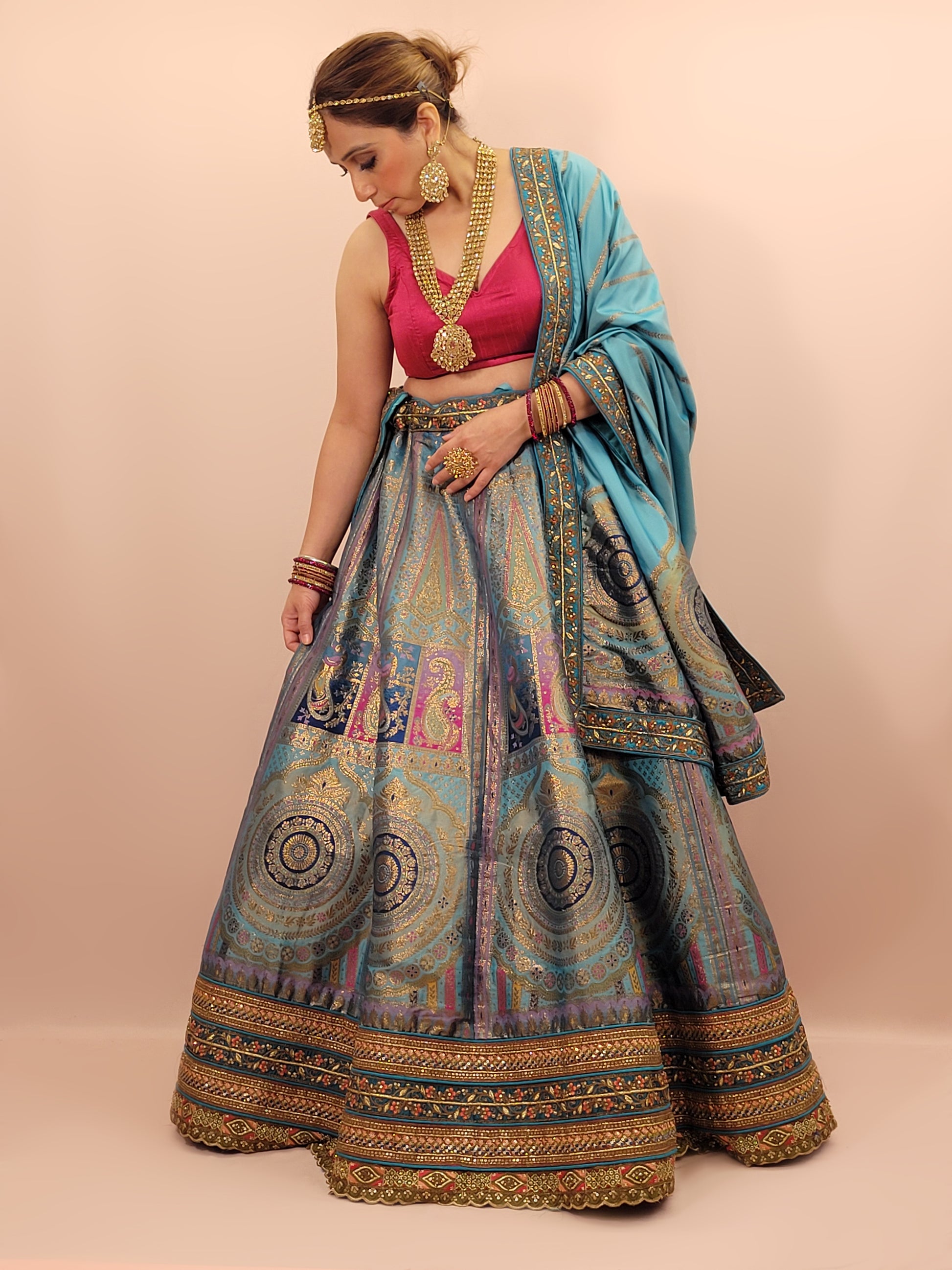 Blue Banarasi Unstitched Lehenga Set