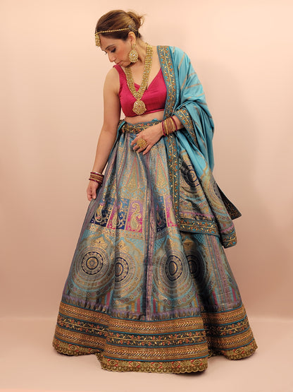 Blue Banarasi Unstitched Lehenga Set