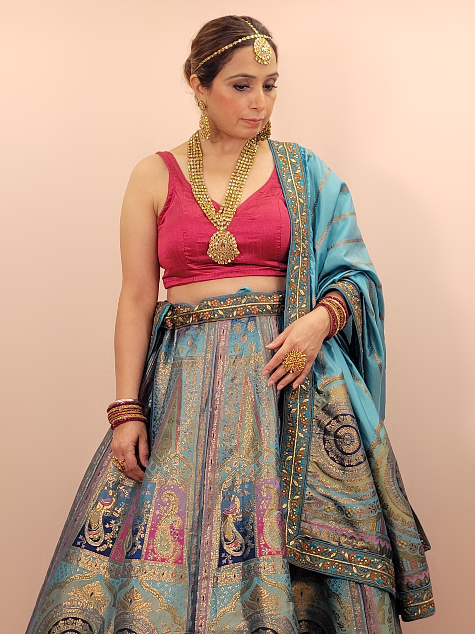 Blue Banarasi Unstitched Lehenga Set