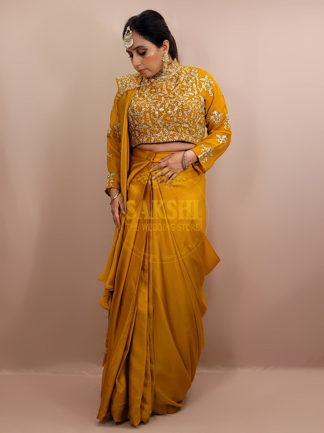 Yellow Armani Ready to Wear Saree with Stitched Blouse