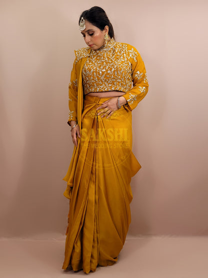 Yellow Armani Ready to Wear Saree with Stitched Blouse