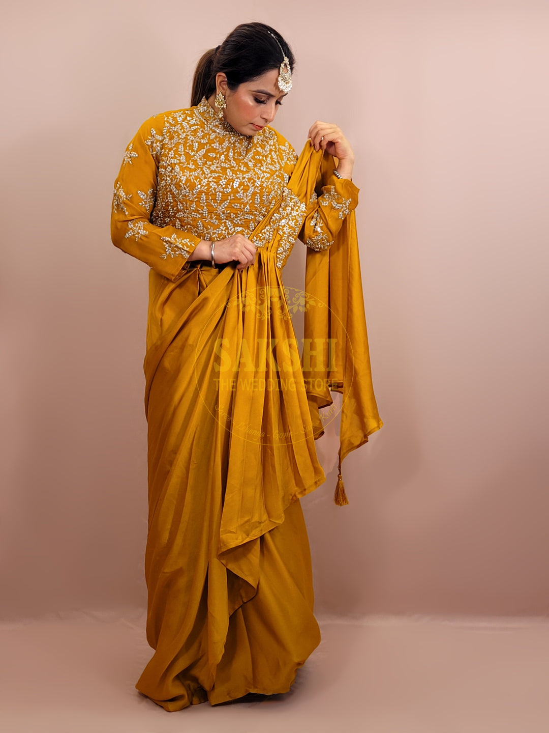 Yellow Armani Ready to Wear Saree with Stitched Blouse