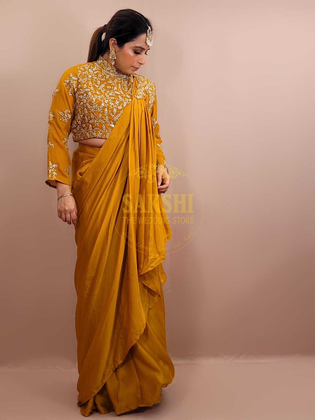 Yellow Armani Ready to Wear Saree with Stitched Blouse