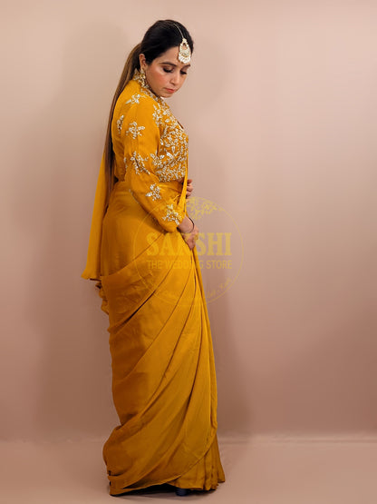 Yellow Armani Ready to Wear Saree with Stitched Blouse