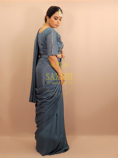 Grey Armani Ready to Wear Saree with Stitched Blouse.