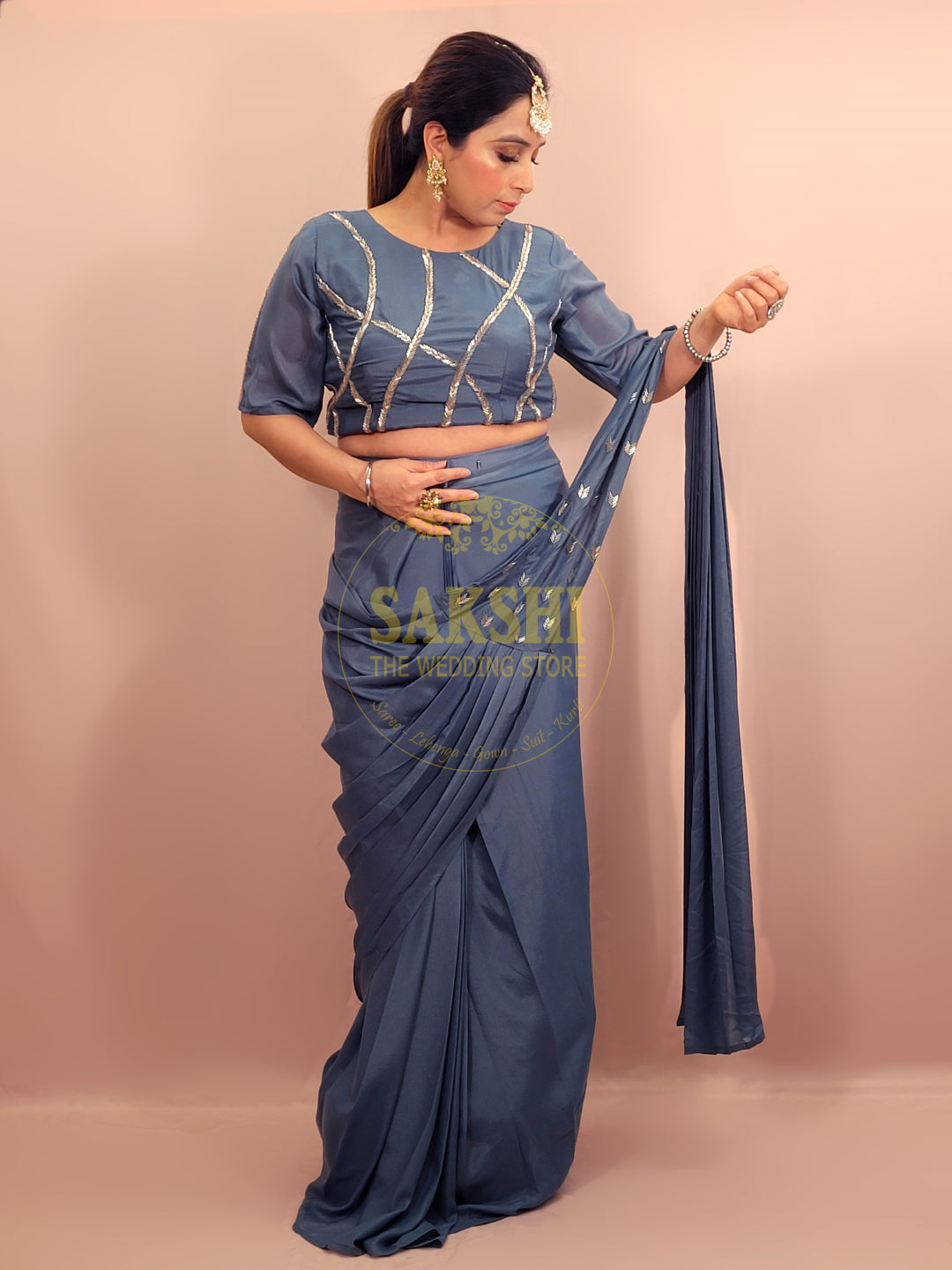 Grey Armani Ready to Wear Saree with Stitched Blouse.