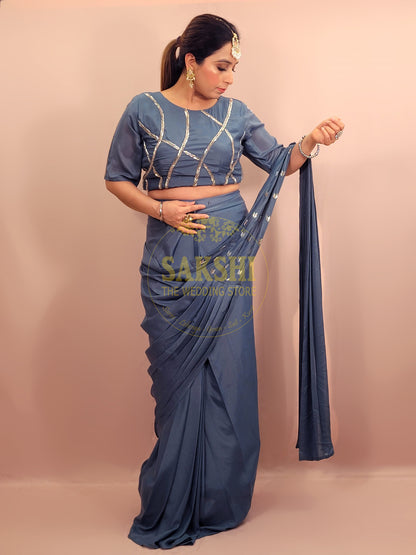 Grey Armani Ready to Wear Saree with Stitched Blouse.