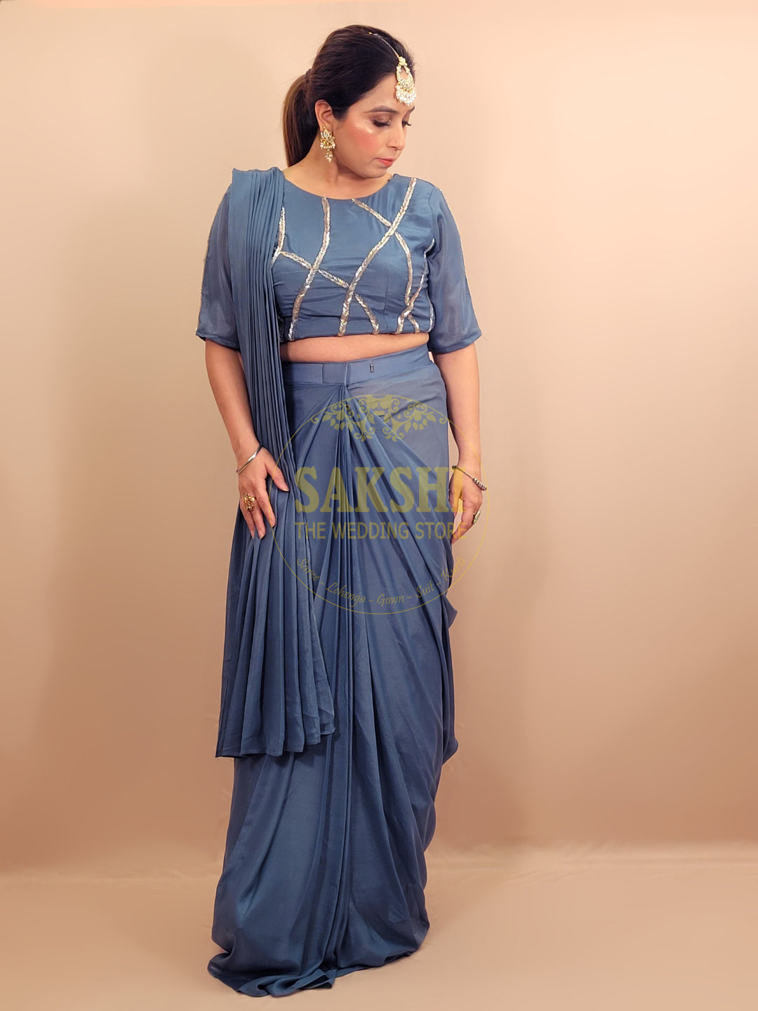 Grey Armani Ready to Wear Saree with Stitched Blouse.