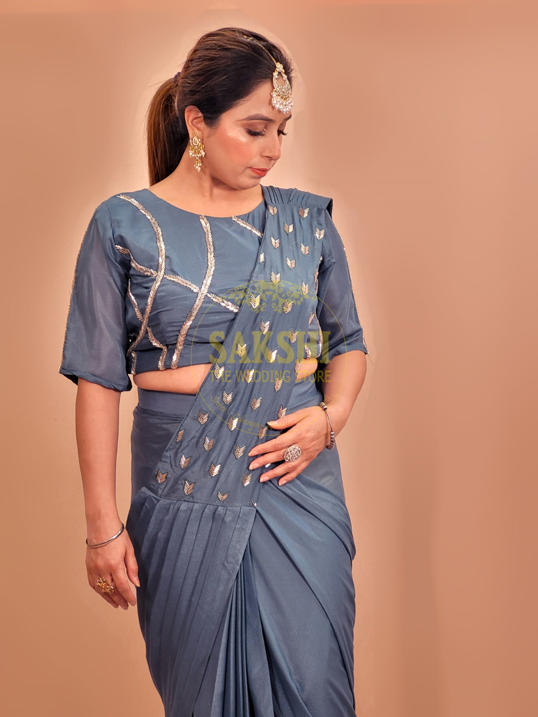 Grey Armani Ready to Wear Saree with Stitched Blouse.