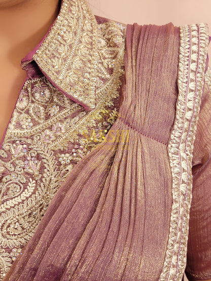 Lavender Gold Crush Ready to Wear Saree with Stitched Blouse.