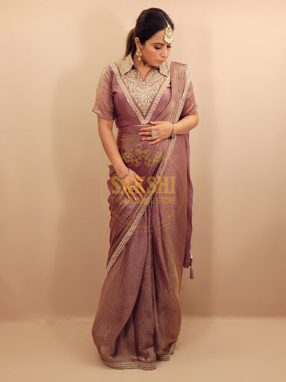Lavender Gold Crush Ready to Wear Saree with Stitched Blouse.