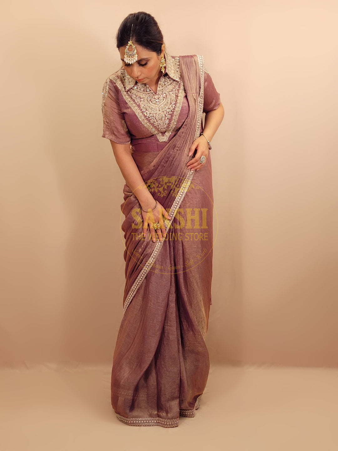 Lavender Gold Crush Ready to Wear Saree with Stitched Blouse.