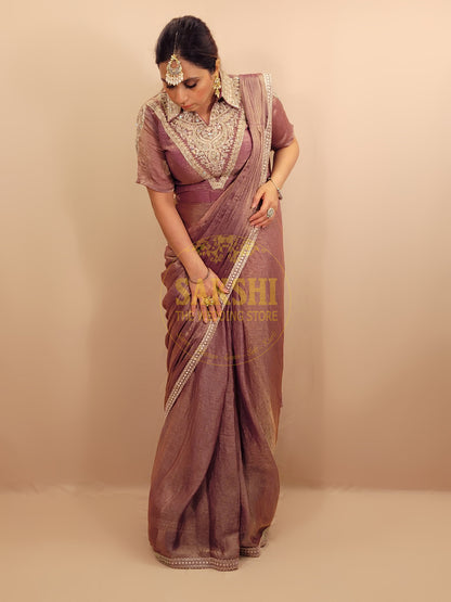 Lavender Gold Crush Ready to Wear Saree with Stitched Blouse.
