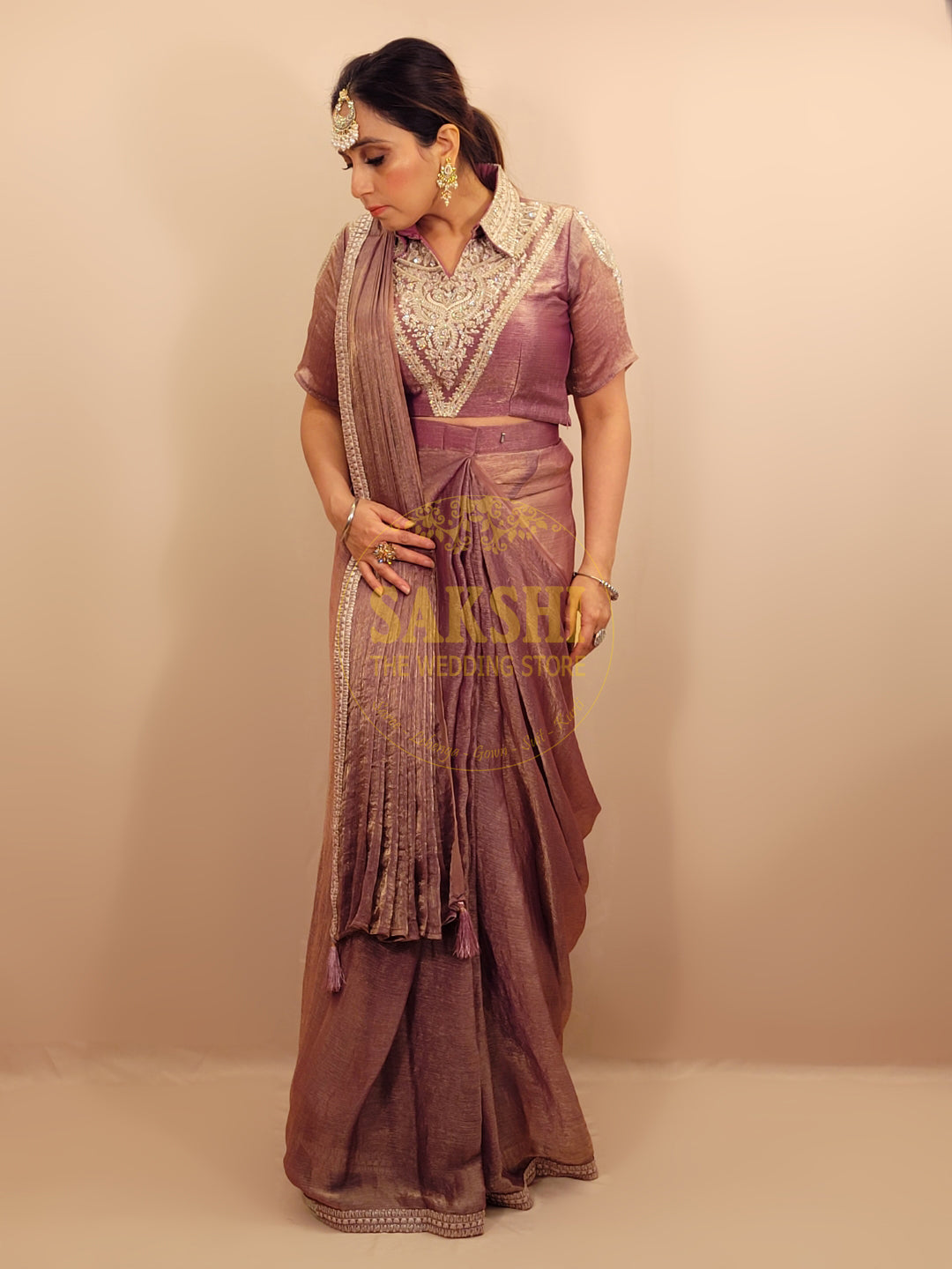 Lavender Gold Crush Ready to Wear Saree with Stitched Blouse.