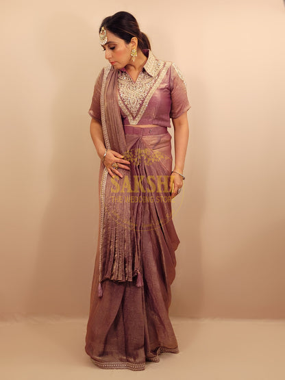 Lavender Gold Crush Ready to Wear Saree with Stitched Blouse.