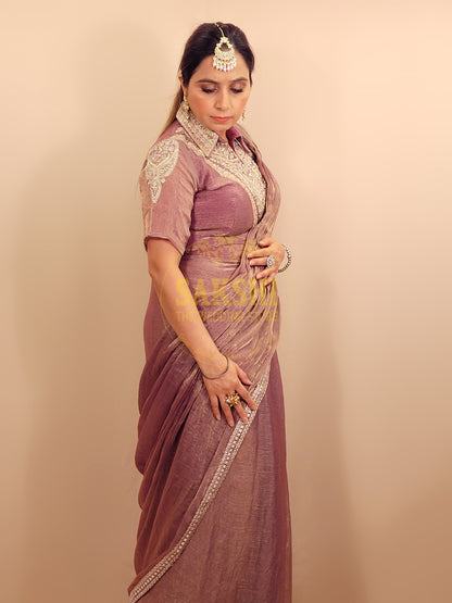Lavender Gold Crush Ready to Wear Saree with Stitched Blouse.