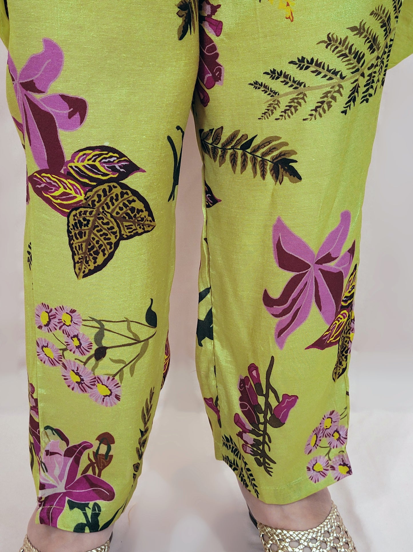 Green Georgette Kaftan with Pants. Beads and thread work on neckline. Printed Pants.
